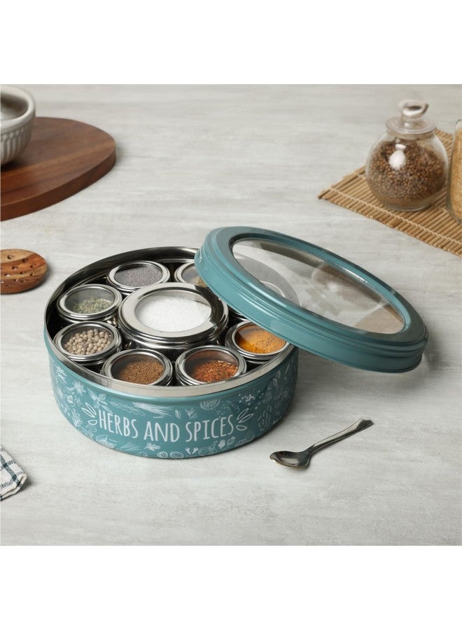 dudki 9 In 1 Herbs & Spice | Stainless Steel Handcrafted Spice Box | Spice Box For Kitchen | See Through Lid 9 Containers And Spoons | Moss- Green (2.5 Ltr | X-Large | 22.5Cm), Blue-Green - Image 1