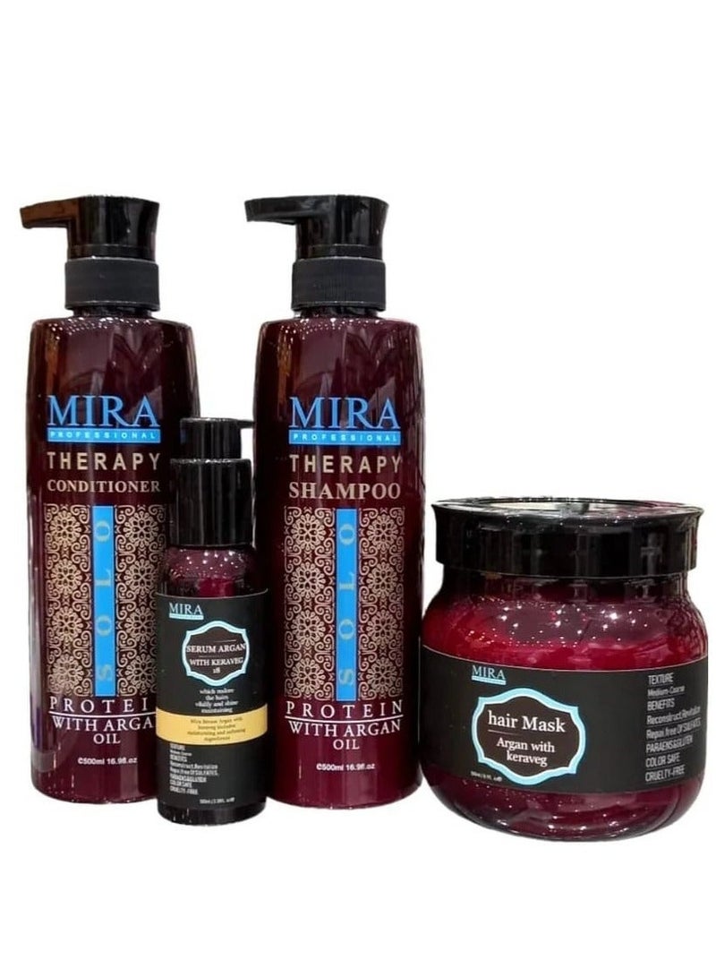 ميرا طقم عناية الشعر بزيت الأرجان والبروتين – شامبو 500 مل + بلسم 500 مل + ماسك 500 مل + سيروم 100 مل للشعر المعالج بالبروتين أو الكيراتين