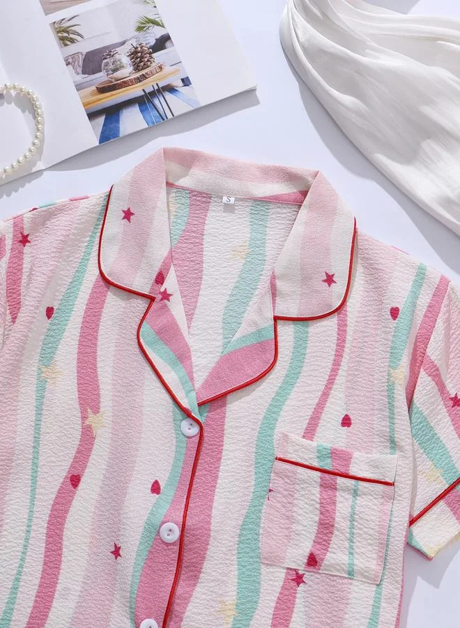Take Two Multi-Color Striped Shirt and Shorts Pajama Set