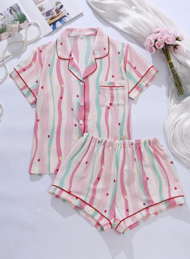 Take Two Multi-Color Striped Shirt and Shorts Pajama Set