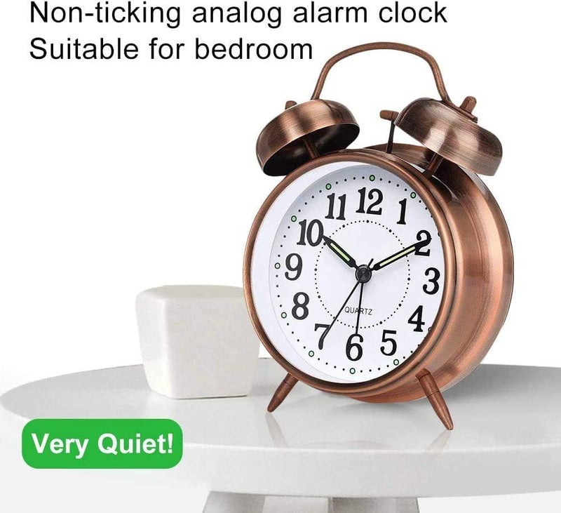Rylan Vintage Twin Bell Analog Display Table Alarm Clock with Night LED Light Heavy Slippers Extra Loud Alarm Clock Ideal for Student and Kids Bedroom (Copper) - Image 2