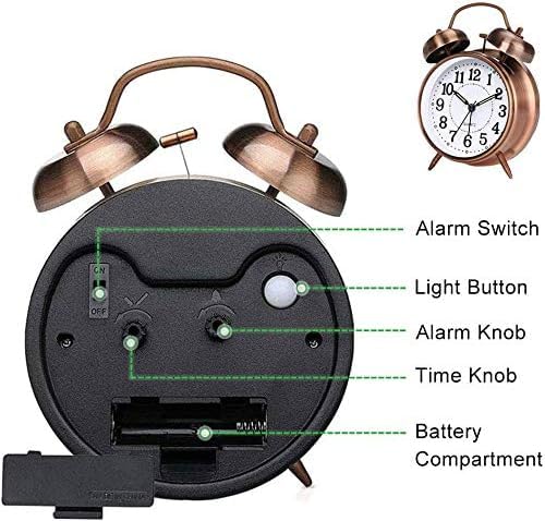 Rylan Vintage Twin Bell Analog Display Table Alarm Clock with Night LED Light Heavy Slippers Extra Loud Alarm Clock Ideal for Student and Kids Bedroom (Copper) - Image 4
