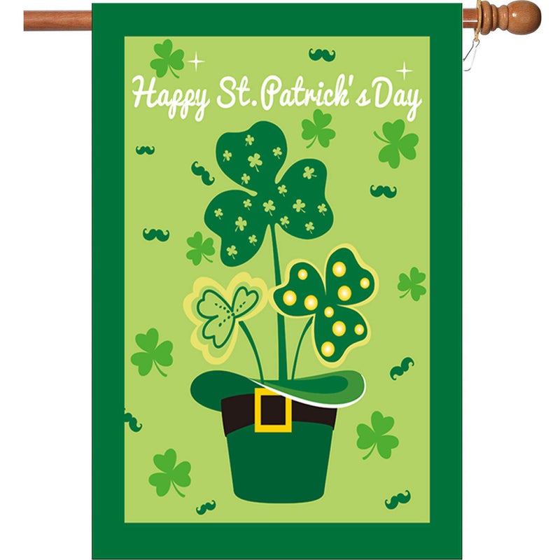 Akeydeco St Patrick's Day Flag,Shamrock/Hat St Patricks 28 x 40 Inch Double-Sided Display with 2 Grommets Double Thickness House Flag for Garden and Home Decorations - Image 1