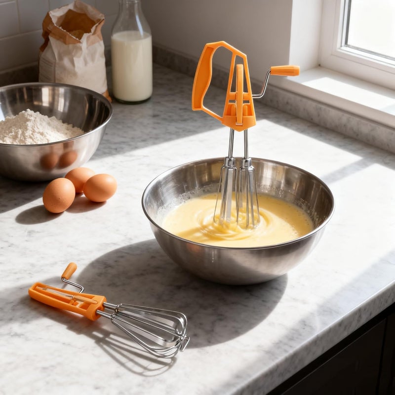 Jerliflyer Egg Beater, Manual Hand Mixer Beater With Crank Non Electric Kitchen Whisk Fast Rotary Action(orange) - Image 3