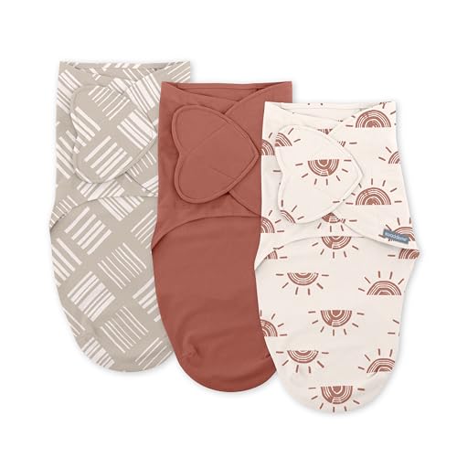SwaddleMe by Ingenuity Monogram Collection Baby Swaddle, 100% Cotton, Improves Sleep & Calms Startle Reflex, 0-3 Months, Pocket Fold Design for Easy Changes, 1.0 TOG, 3-Pack - Rising Sun - Image 1