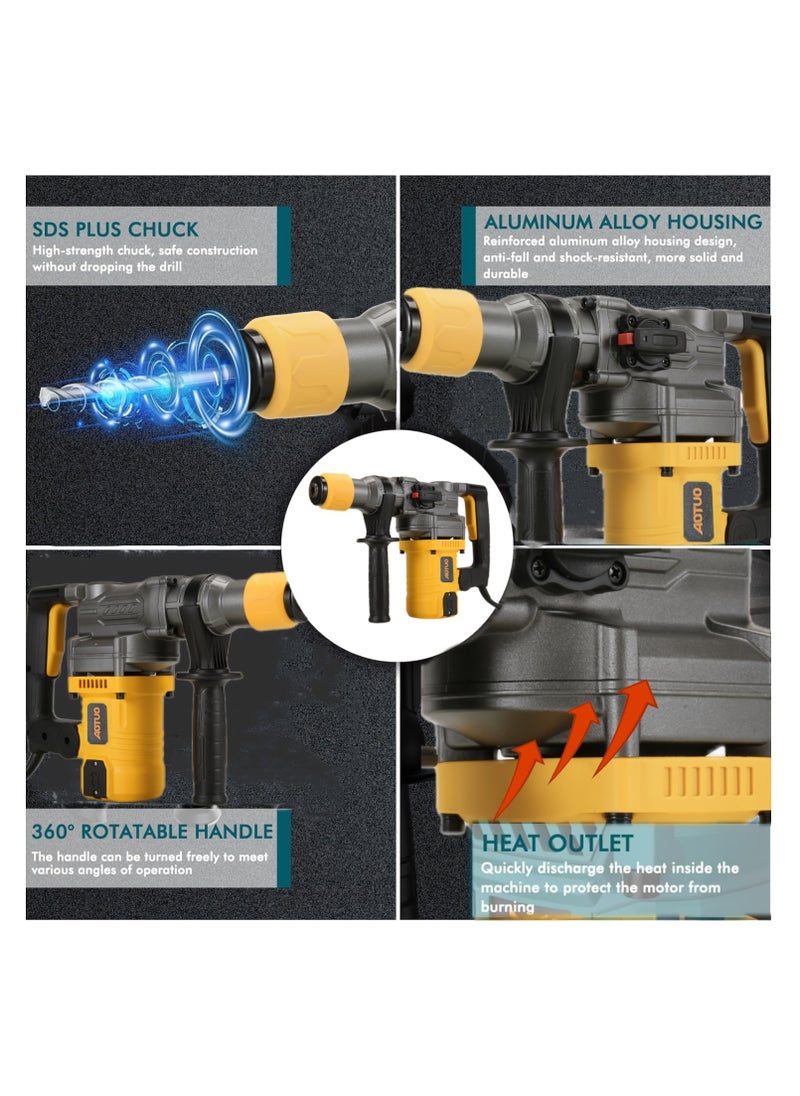 او تو او - AOTUO 1600W مثقاب دوار ثقيل | 1-1/4 بوصة SDS-Plus | وضعان للتشغيل | مضاد للاهتزاز وتقليل الضوضاء | قابض أمان | أداة هدم الخرسانة والبلاط | يشمل لقم الحفر والأزاميل - Image 1