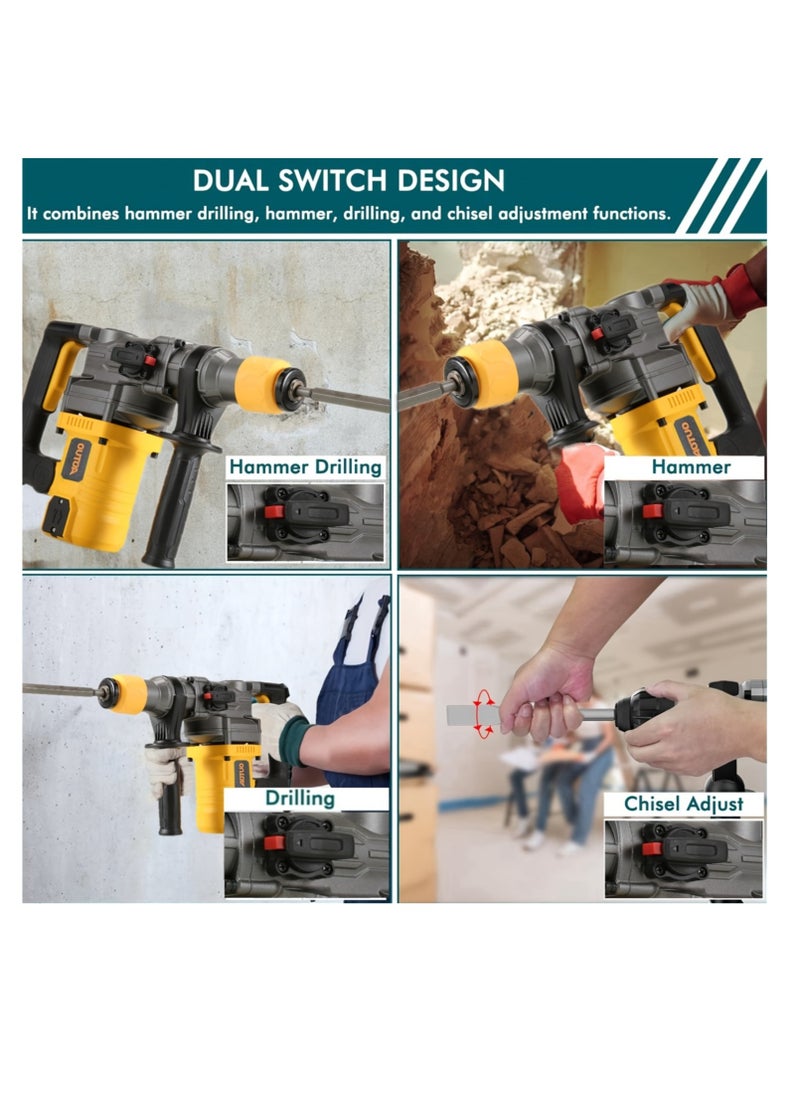 او تو او - AOTUO 1600W مثقاب دوار ثقيل | 1-1/4 بوصة SDS-Plus | وضعان للتشغيل | مضاد للاهتزاز وتقليل الضوضاء | قابض أمان | أداة هدم الخرسانة والبلاط | يشمل لقم الحفر والأزاميل - Image 1