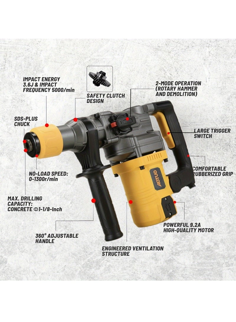 او تو او مثقاب مطرقة AOTUO عالي التحمل 1600 واط 1-1/4 بوصة SDS-Plus 13 مع قابض أمان 2 وظيفة وسرعة متغيرة، يتضمن إزميلًا ورؤوس حفر، وضع تشغيل مزدوج، مضاد للاهتزاز وتقليل الضوضاء، قابض أمان، أداة إزالة الخرسانة والبلاط - Image 2