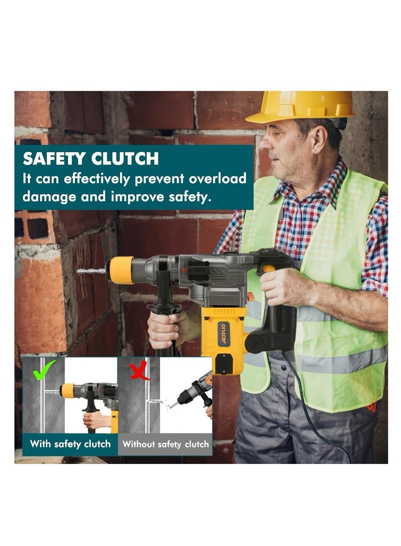 او تو او مثقاب مطرقة AOTUO عالي التحمل 1600 واط 1-1/4 بوصة SDS-Plus 13 مع قابض أمان 2 وظيفة وسرعة متغيرة، يتضمن إزميلًا ورؤوس حفر، وضع تشغيل مزدوج، مضاد للاهتزاز وتقليل الضوضاء، قابض أمان، أداة إزالة الخرسانة والبلاط - Image 4