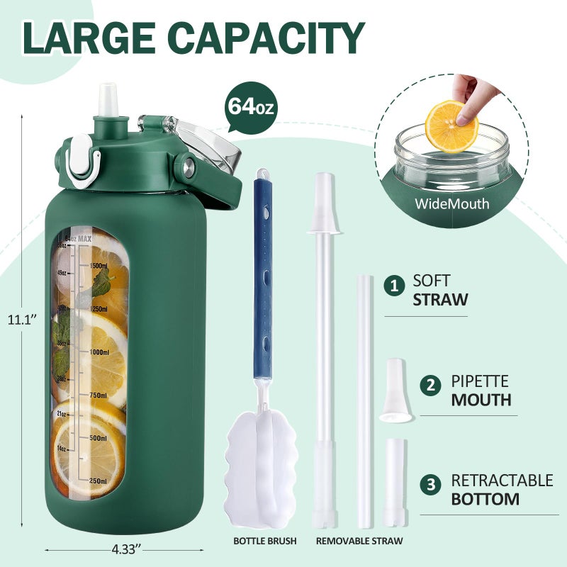 kytffu 64oz Glass Water Bottles with Straw  Half Gallon Motivational Glass Bottle with Silicone Sleeve and Time Marker  2L Leakproof Large Glass Water Jug for Gym Home Office  Ink Green - Image 2