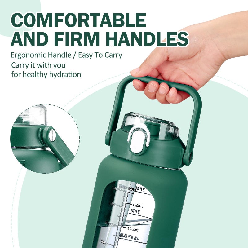 kytffu 64oz Glass Water Bottles with Straw  Half Gallon Motivational Glass Bottle with Silicone Sleeve and Time Marker  2L Leakproof Large Glass Water Jug for Gym Home Office  Ink Green - Image 1