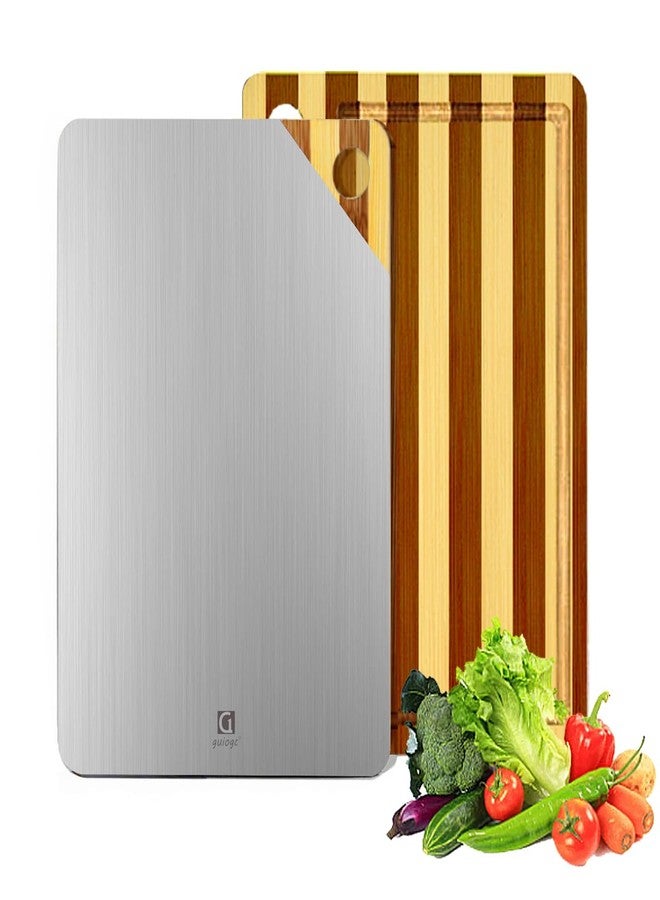 guiogc Cutting Board, Titanium Cutting Board for Kitchen, Pure Titanium and Natural Bamboo, with Deep Juice Grooves, Large Size 15.6”×11” - Image 1