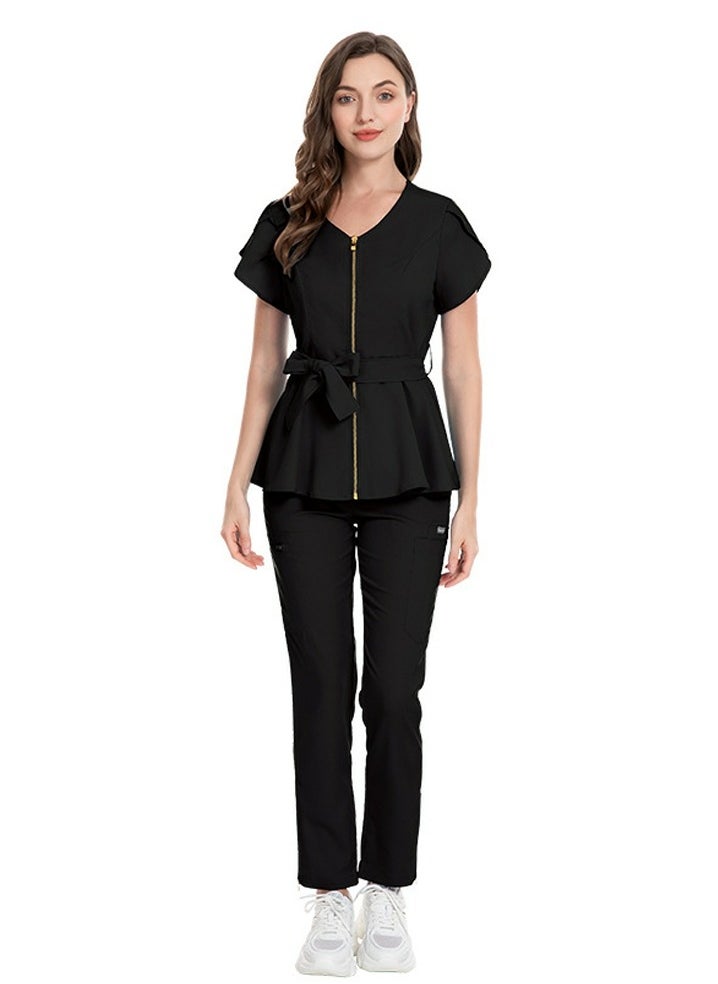 Loquat Womens Medical Uniform Scrubs 2 Piece Set Strap Up Waist Zipper Top and Elastic Waist Straight Pants Suit Black  - Image 1
