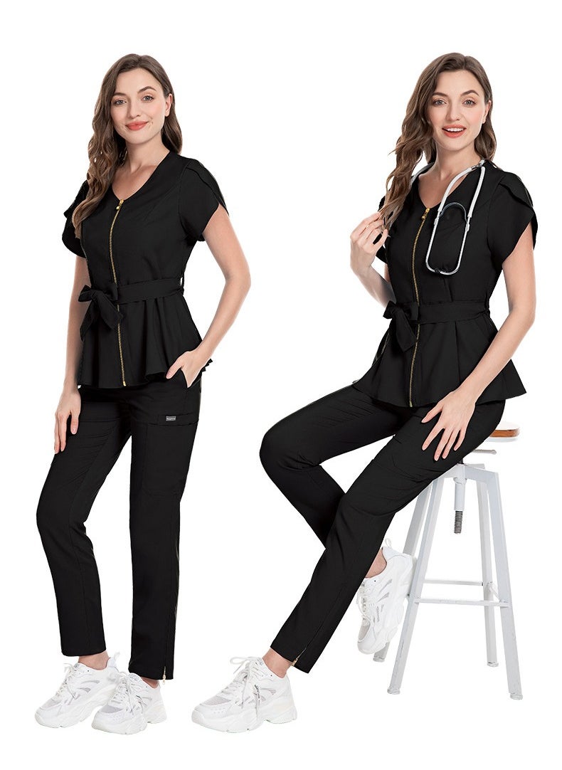 Loquat Womens Medical Uniform Scrubs 2 Piece Set Strap Up Waist Zipper Top and Elastic Waist Straight Pants Suit Black  - Image 2