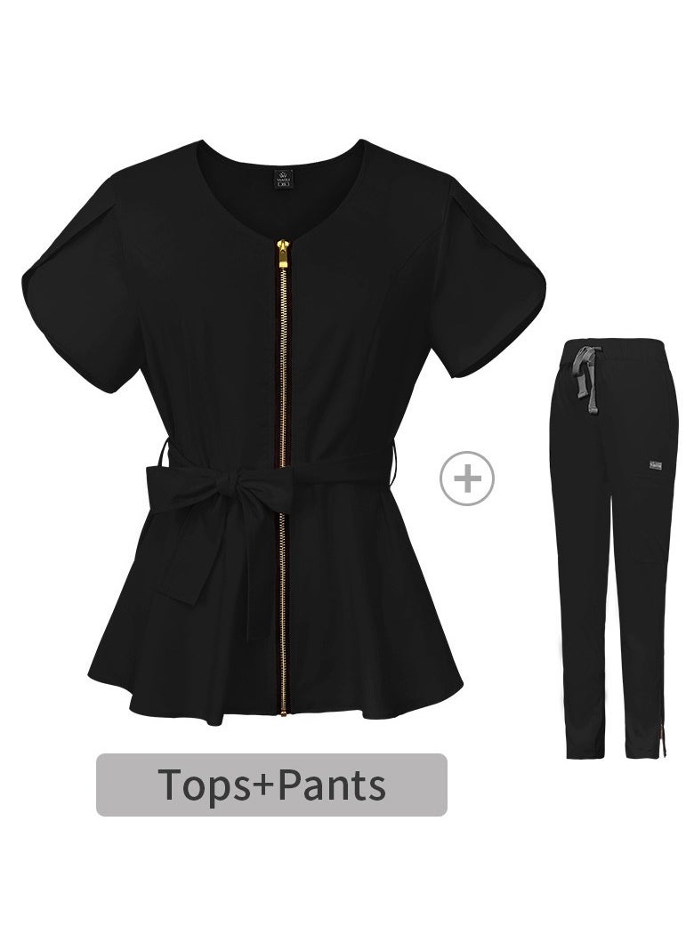 Loquat Womens Medical Uniform Scrubs 2 Piece Set Strap Up Waist Zipper Top and Elastic Waist Straight Pants Suit Black  - Image 3