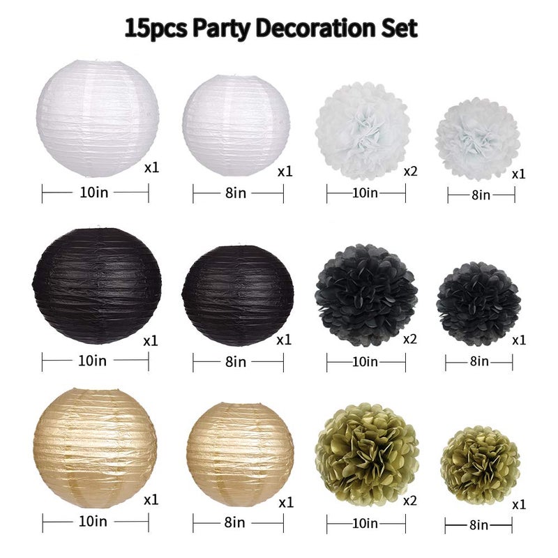 zilue Black Gold Party Decorations  Black Gold Paper Lanterns and Pom Poms Flowers for Birthday Party Graduation Masquerade New Years Party Decor 15PCS - Image 2