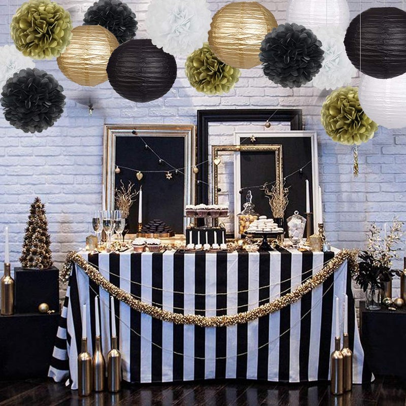 zilue Black Gold Party Decorations  Black Gold Paper Lanterns and Pom Poms Flowers for Birthday Party Graduation Masquerade New Years Party Decor 15PCS - Image 5