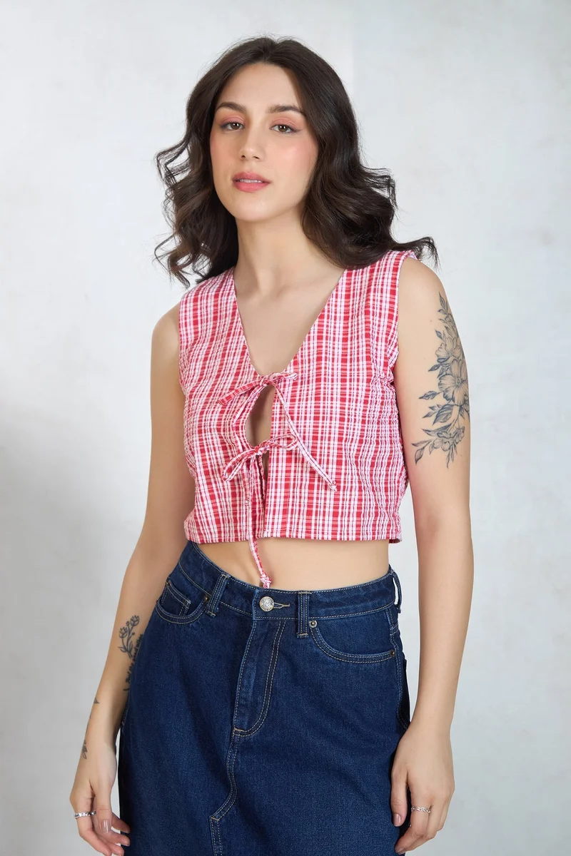 Virgio VIRGIO 100% Cotton Red Top With Front Tie-Up