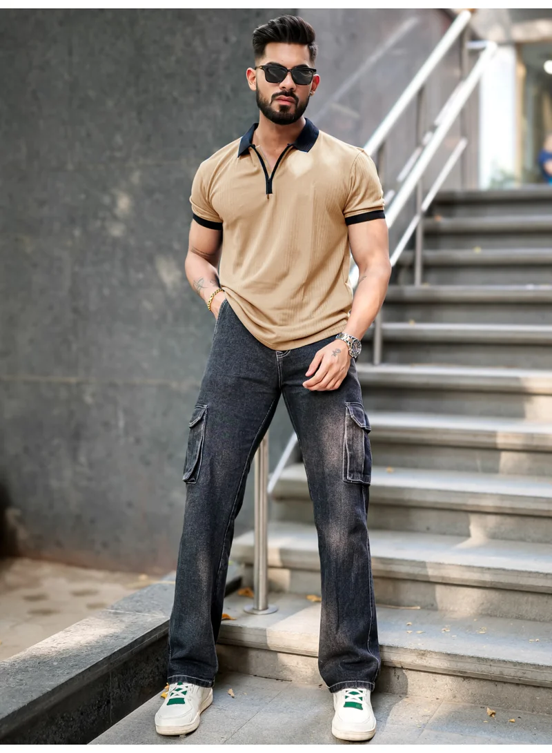Maniac Maniac Mens Half Zip Polo Neck Solid Half Sleeve Beige and Black Cotton Slim Fit T-Shirt