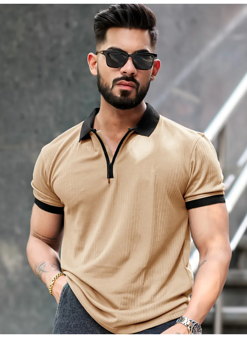 Maniac Maniac Mens Half Zip Polo Neck Solid Half Sleeve Beige and Black Cotton Slim Fit T-Shirt