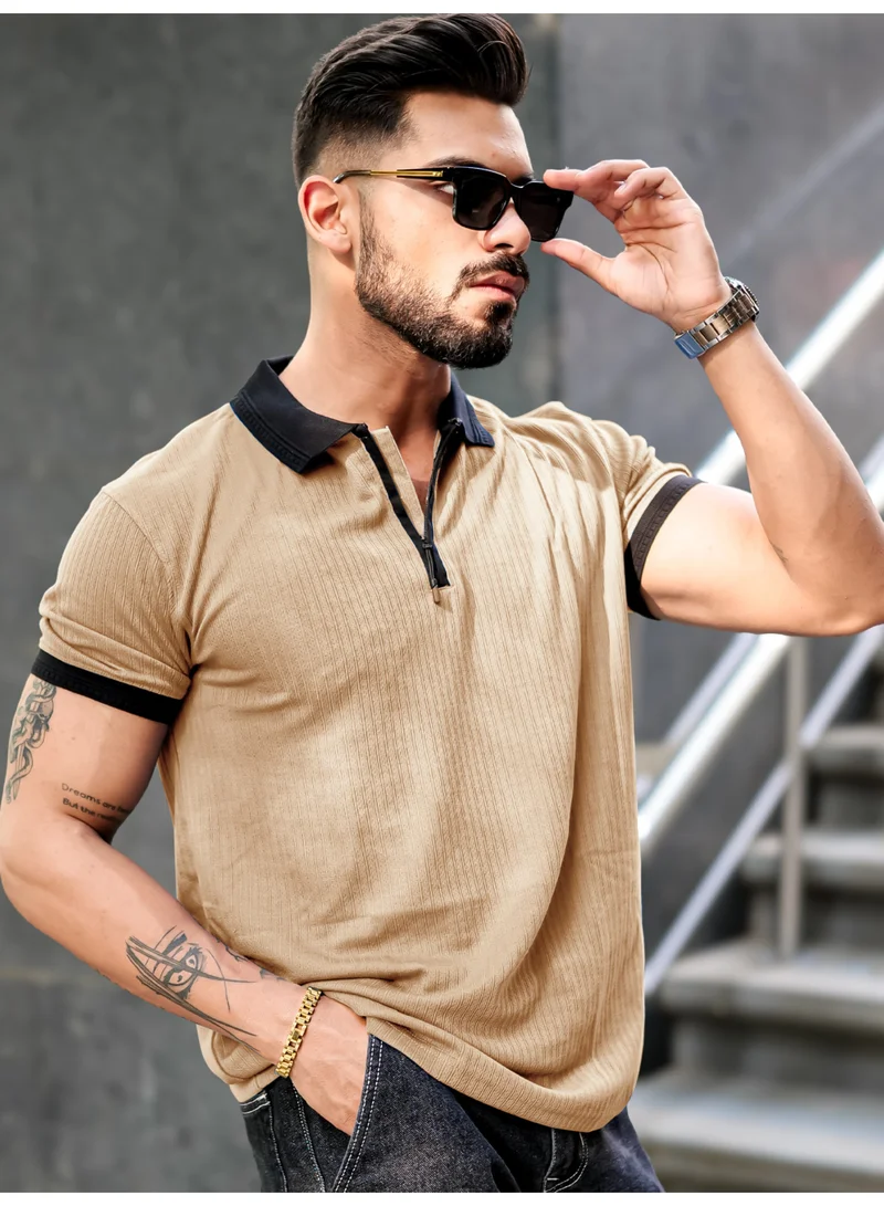 Maniac Maniac Mens Half Zip Polo Neck Solid Half Sleeve Beige and Black Cotton Slim Fit T-Shirt