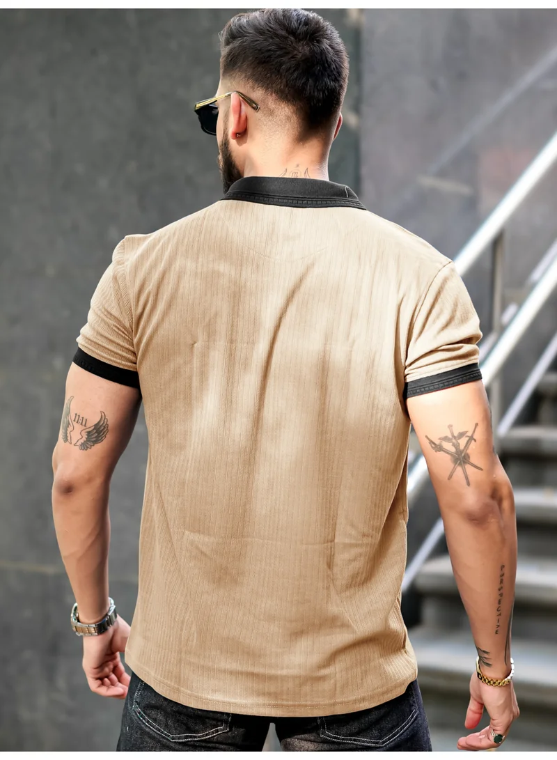 Maniac Maniac Mens Half Zip Polo Neck Solid Half Sleeve Beige and Black Cotton Slim Fit T-Shirt