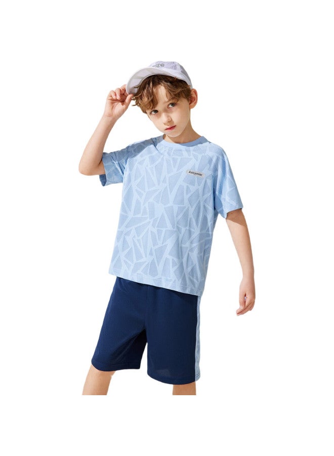 Ask Junior Instant-Through Series] Boys' Quick-Dry Set, Summer Thin Breathable Children'S Short-Sleeve T-Shirt And Shorts, Two-Piece, Blue, 170 - Image 2