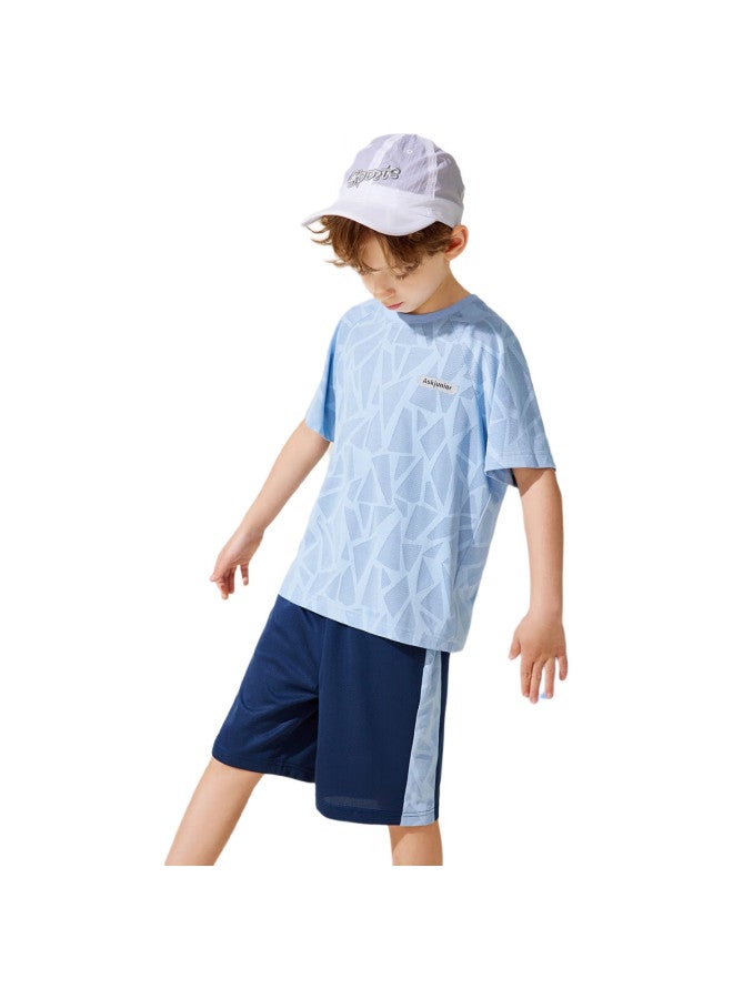 Ask Junior Instant-Through Series] Boys' Quick-Dry Set, Summer Thin Breathable Children'S Short-Sleeve T-Shirt And Shorts, Two-Piece, Blue, 170 - Image 1