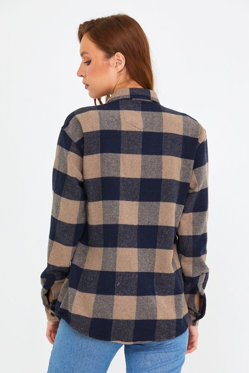 Cool Tarz Cool Style Brown Women Slim Fit Button Down Collar Double Pocket Lumberjack Plaid Shirt  - Image 3