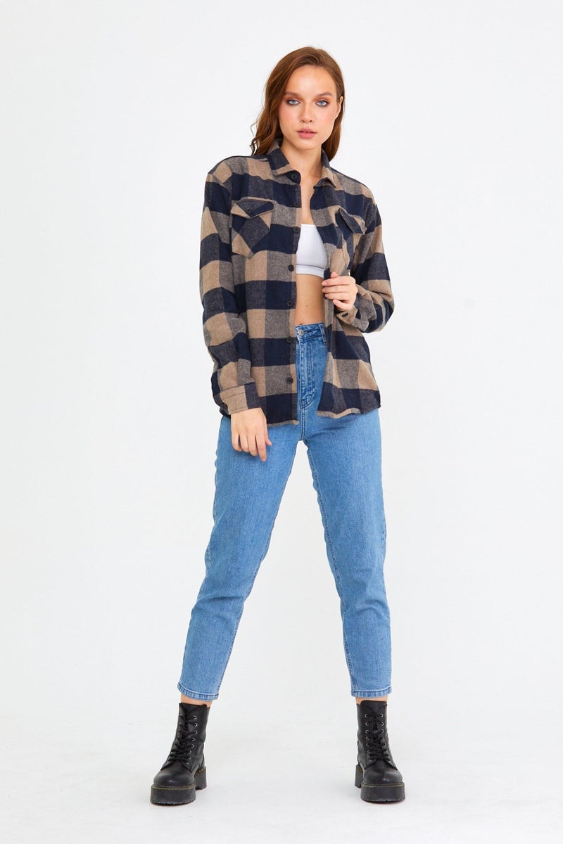 Cool Tarz Cool Style Brown Women Slim Fit Button Down Collar Double Pocket Lumberjack Plaid Shirt  - Image 4