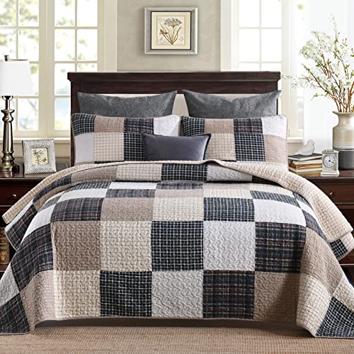 PERHOM 100 Cotton King Size Quilt Set Lightweight Bedding Set RealPatchwork Plaid Pattern Printed Farmhouse Bedspreads Soft Reversible Coverlet Comforter for All Season 3 Pieces
