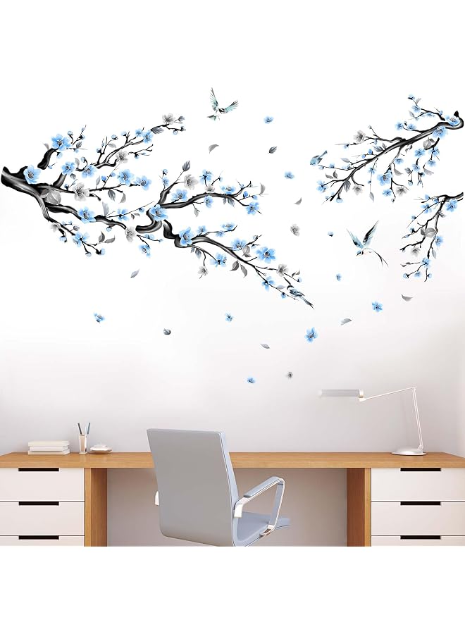 S-TOP Blue Watercolor Cherry Blossom Wall Stickers - Tree Branch Flower Birds Wall Decals - Bedroom Living Room Office Sofa TV Background Home Wall Decor - Image 1