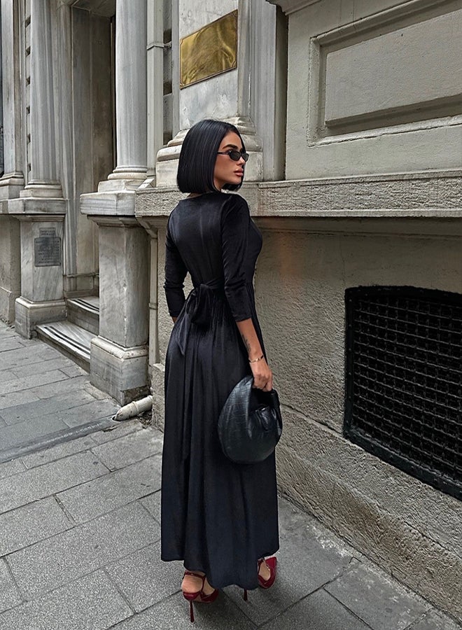 trendyol Black A-Line Velvet Knitted Evening Prom Dress - Image 5