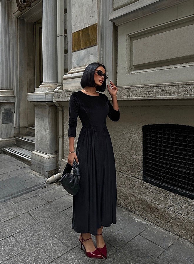 trendyol Black A-Line Velvet Knitted Evening Prom Dress - Image 1