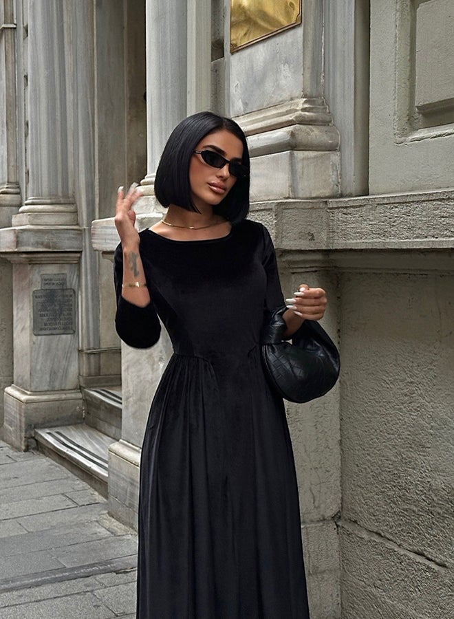 trendyol Black A-Line Velvet Knitted Evening Prom Dress - Image 4