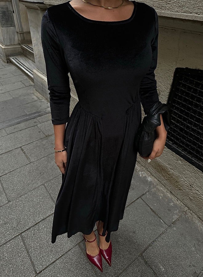 trendyol Black A-Line Velvet Knitted Evening Prom Dress - Image 2