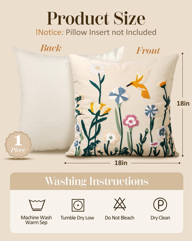 Kokaaee Embroidered Throw Pillow Cover 18x18 Inch - Spring Summer Boho Decorative Pillow Cover with Zipper for Living Room Couch Sofa Bed Aesthetic Design Flower Bird Cushion Pillowcase - Image 4