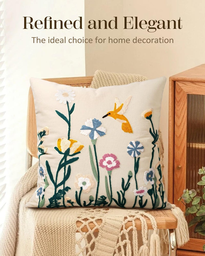 Kokaaee Embroidered Throw Pillow Cover 18x18 Inch - Spring Summer Boho Decorative Pillow Cover with Zipper for Living Room Couch Sofa Bed Aesthetic Design Flower Bird Cushion Pillowcase - Image 5
