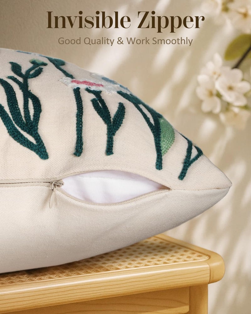 Kokaaee Embroidered Throw Pillow Cover 18x18 Inch - Spring Summer Boho Decorative Pillow Cover with Zipper for Living Room Couch Sofa Bed Aesthetic Design Flower Bird Cushion Pillowcase - Image 3
