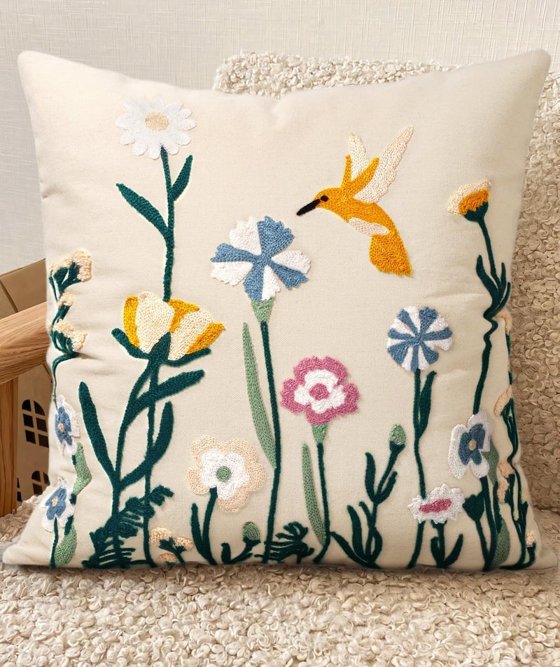 Kokaaee Embroidered Throw Pillow Cover 18x18 Inch - Spring Summer Boho Decorative Pillow Cover with Zipper for Living Room Couch Sofa Bed Aesthetic Design Flower Bird Cushion Pillowcase - Image 1