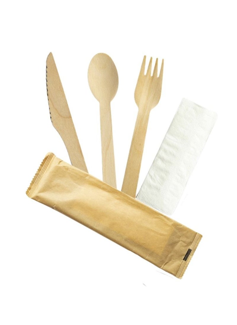 YASHTECH Pack of 50 Disposable Wooden Cutlery Set with Napkin 6" Biodegradable & Ecofriendly Cutlery Individually Paper Wrapped  - Image 1