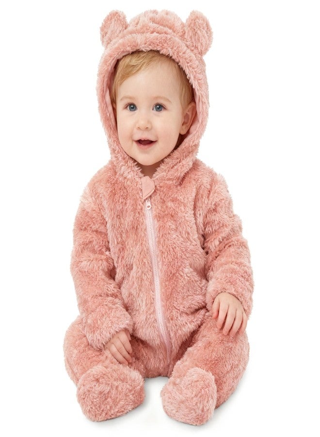 SKYTWO Baby Plush Long Sleeve Polar Fleece Jumpsuit With Bear Ears Baby Fleece Hooded Jumpsuit Infant Winter Outfit (Pink, 0-3 Months) - Image 1