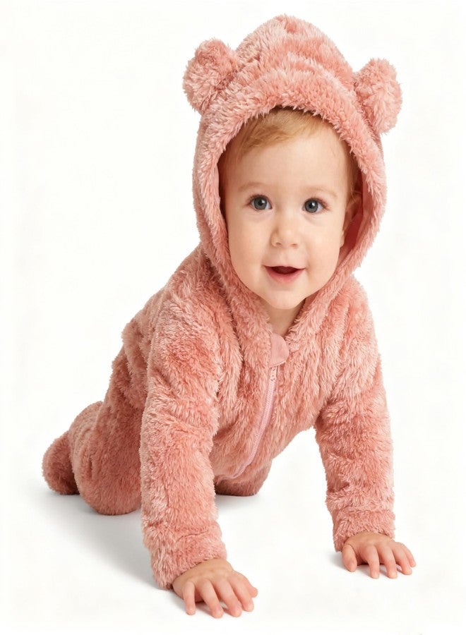 SKYTWO Baby Plush Long Sleeve Polar Fleece Jumpsuit With Bear Ears Baby Fleece Hooded Jumpsuit Infant Winter Outfit (Pink, 0-3 Months) - Image 2