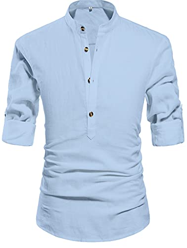 NITAGUT Men Henley Neck Long Sleeve Daily Look Linen Shirts Casual Beach T Shirts Light Blue-US M - Image 5