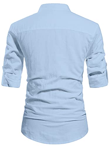 NITAGUT Men Henley Neck Long Sleeve Daily Look Linen Shirts Casual Beach T Shirts Light Blue-US M - Image 2