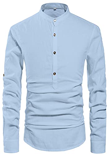 NITAGUT Men Henley Neck Long Sleeve Daily Look Linen Shirts Casual Beach T Shirts Light Blue-US M - Image 3