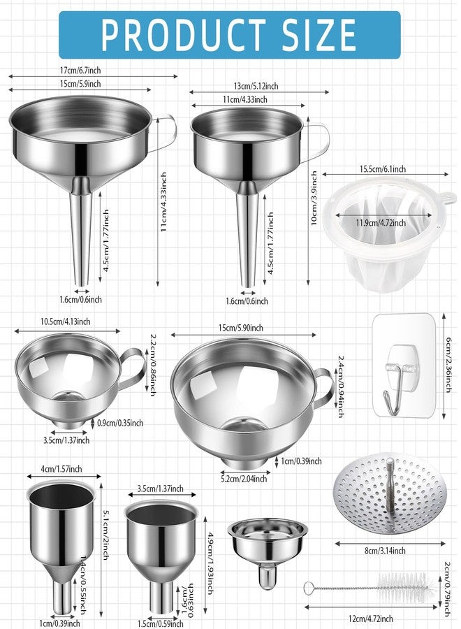 Baderke مجموعة قمع بادركي من الفولاذ المقاوم للصدأ، 17 قطعة، قمع واسع الفم لحفظ الأطعمة، قمع معدني لبرطمانات ماسون مع مصفاة، قمع مطبخ لملء برطمانات ماسون، فرش ترشيح شبكية وخطافات لاصقة، فضي - Image 2