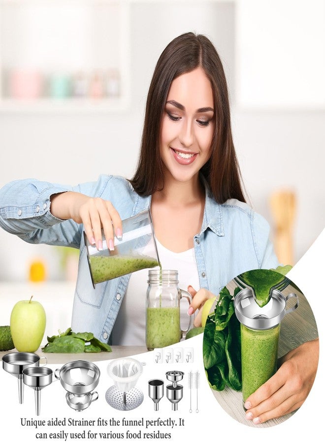 Baderke مجموعة قمع بادركي من الفولاذ المقاوم للصدأ، 17 قطعة، قمع واسع الفم لحفظ الأطعمة، قمع معدني لبرطمانات ماسون مع مصفاة، قمع مطبخ لملء برطمانات ماسون، فرش ترشيح شبكية وخطافات لاصقة، فضي - Image 4