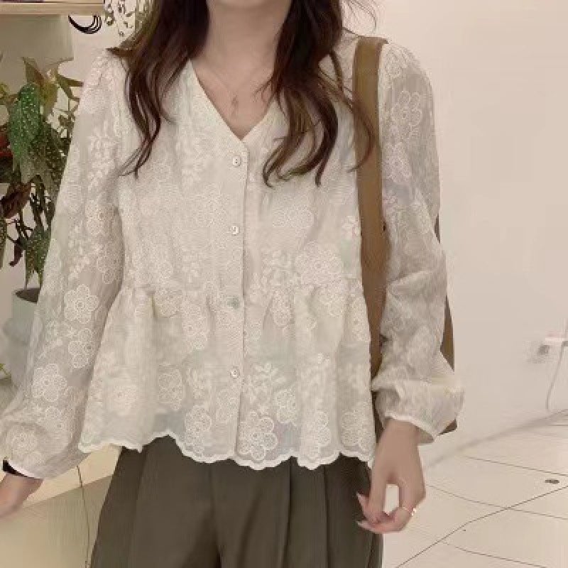 South Korea Dongdaemun Embroidered Flower Lace Doll Shirt Shirt 2024 Spring and Autumn New Loose Puff Sleeve Top Off-white