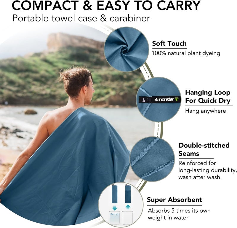 4Monster Camping Towel Super Absorbent, Quick Dry Microfiber Travel Towel, Fast Drying Ultra Soft Compact Gym Towel for Hiking Swimming Beach Yoga Travel Sports Backpack (Marine Blue, 31.50" x 15.80") - Image 3